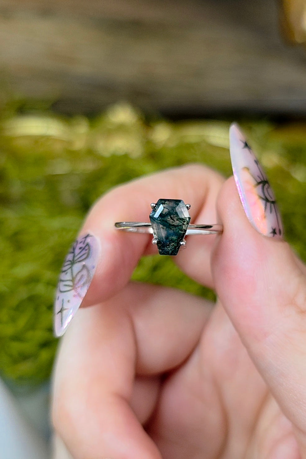 Moss Agate Coffin Ring B