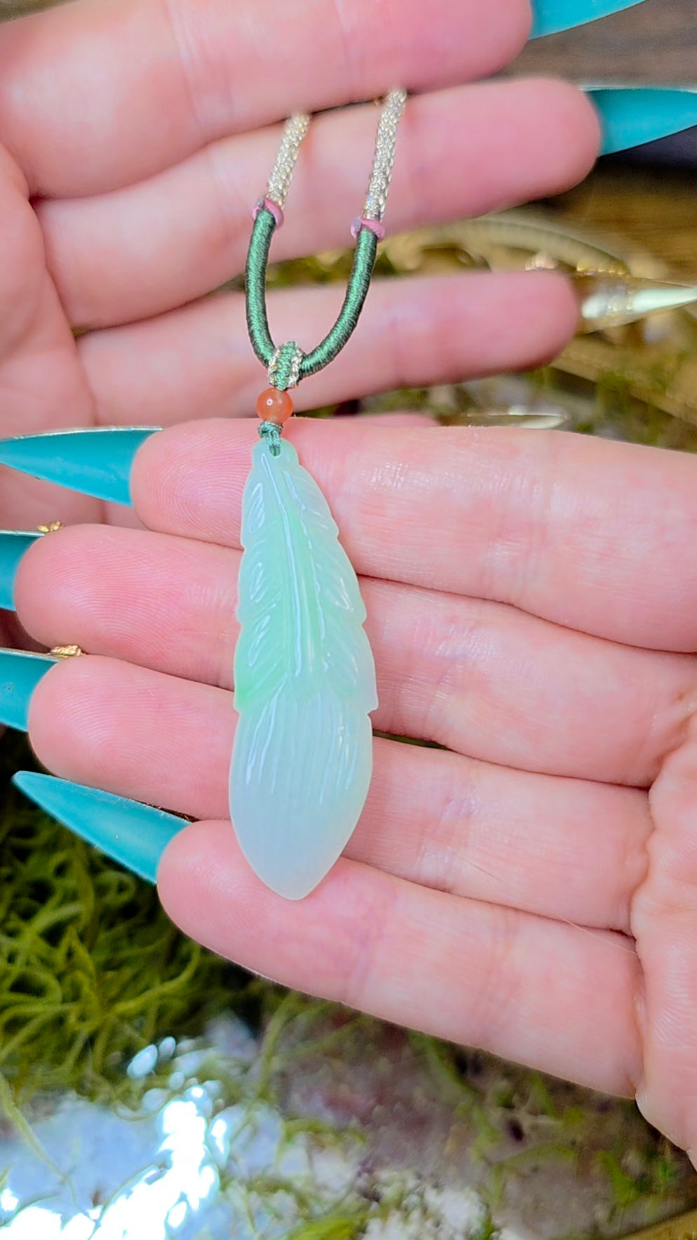 Green Jadeite Feather Pendant Necklace