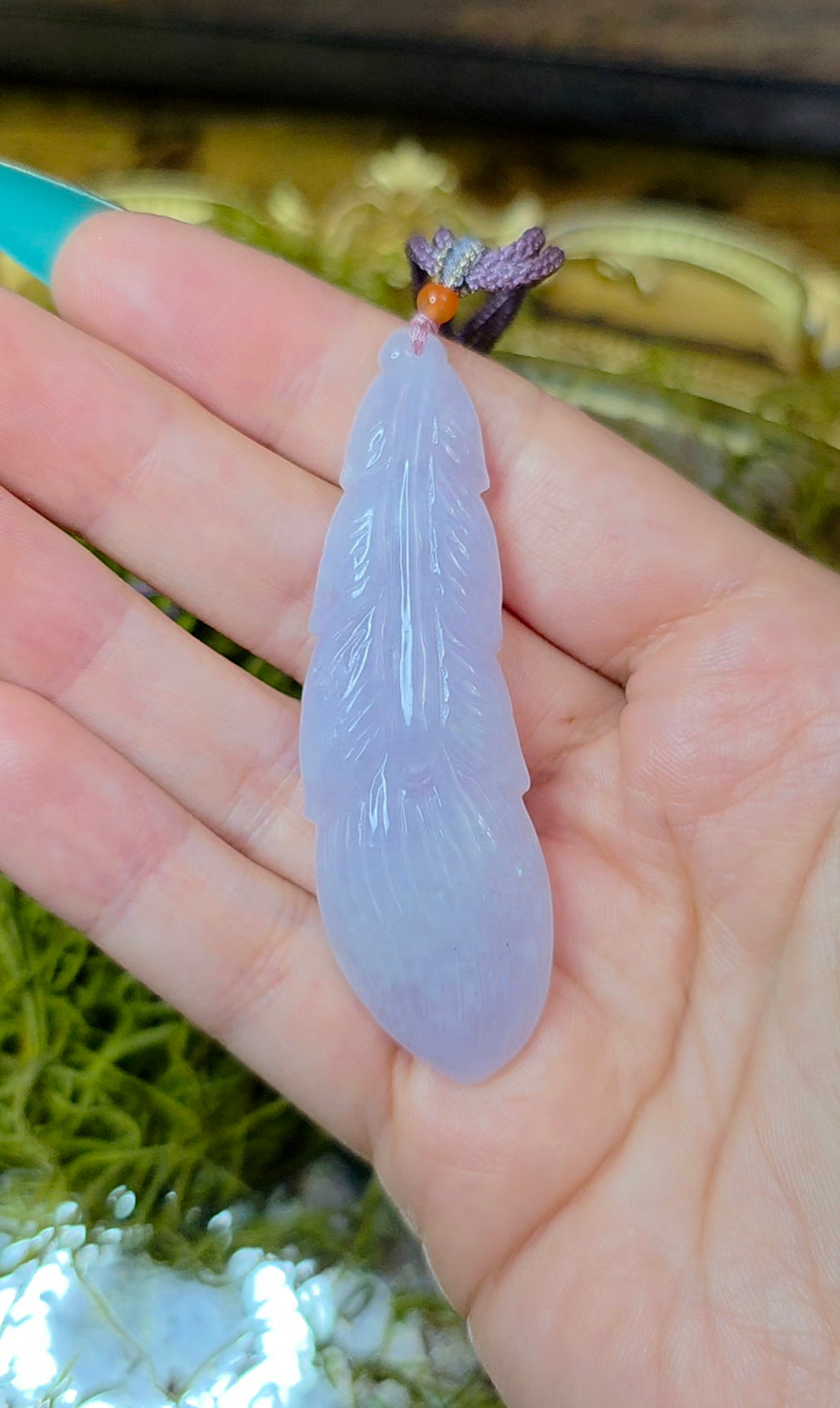 Lavender Jadeite Feather Pendant Necklace