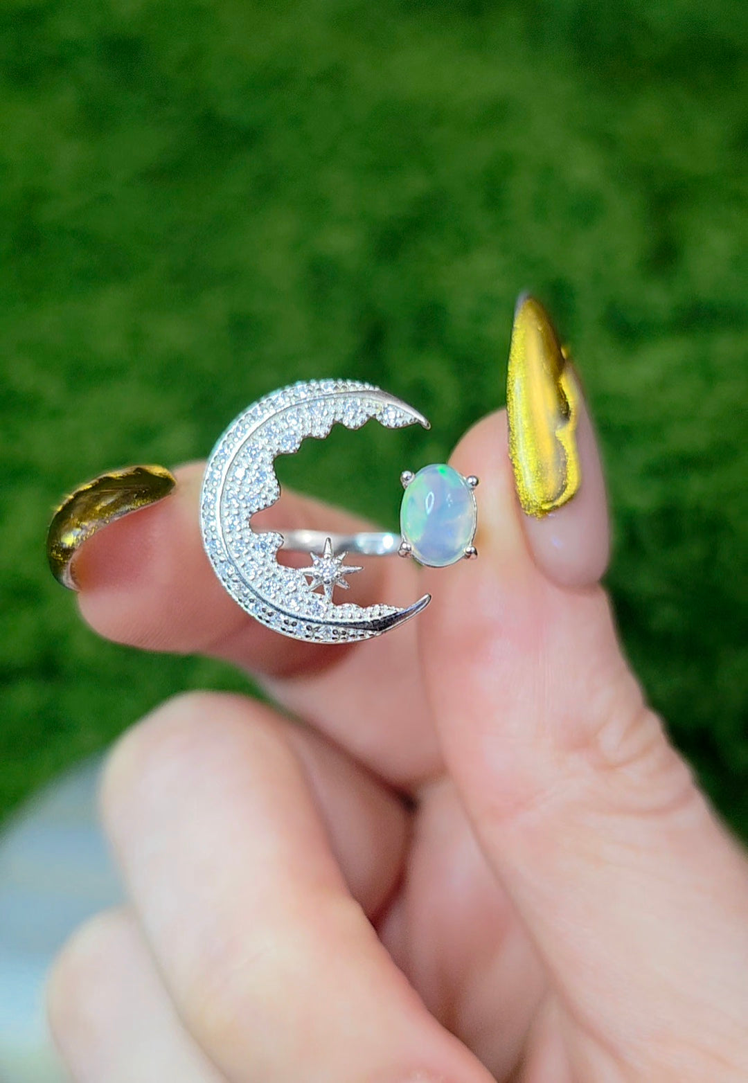 White Opal Crescent Moon Ring B