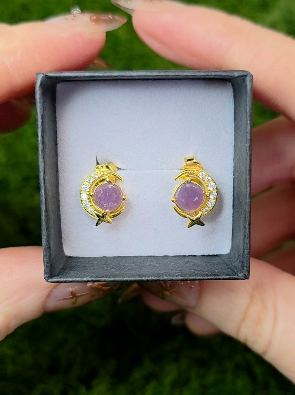 Grape Agate Gold Moon Earrings