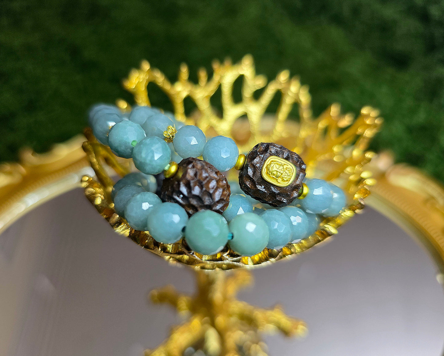 Jadeite and Wood Stretch Buddist Bracelet A