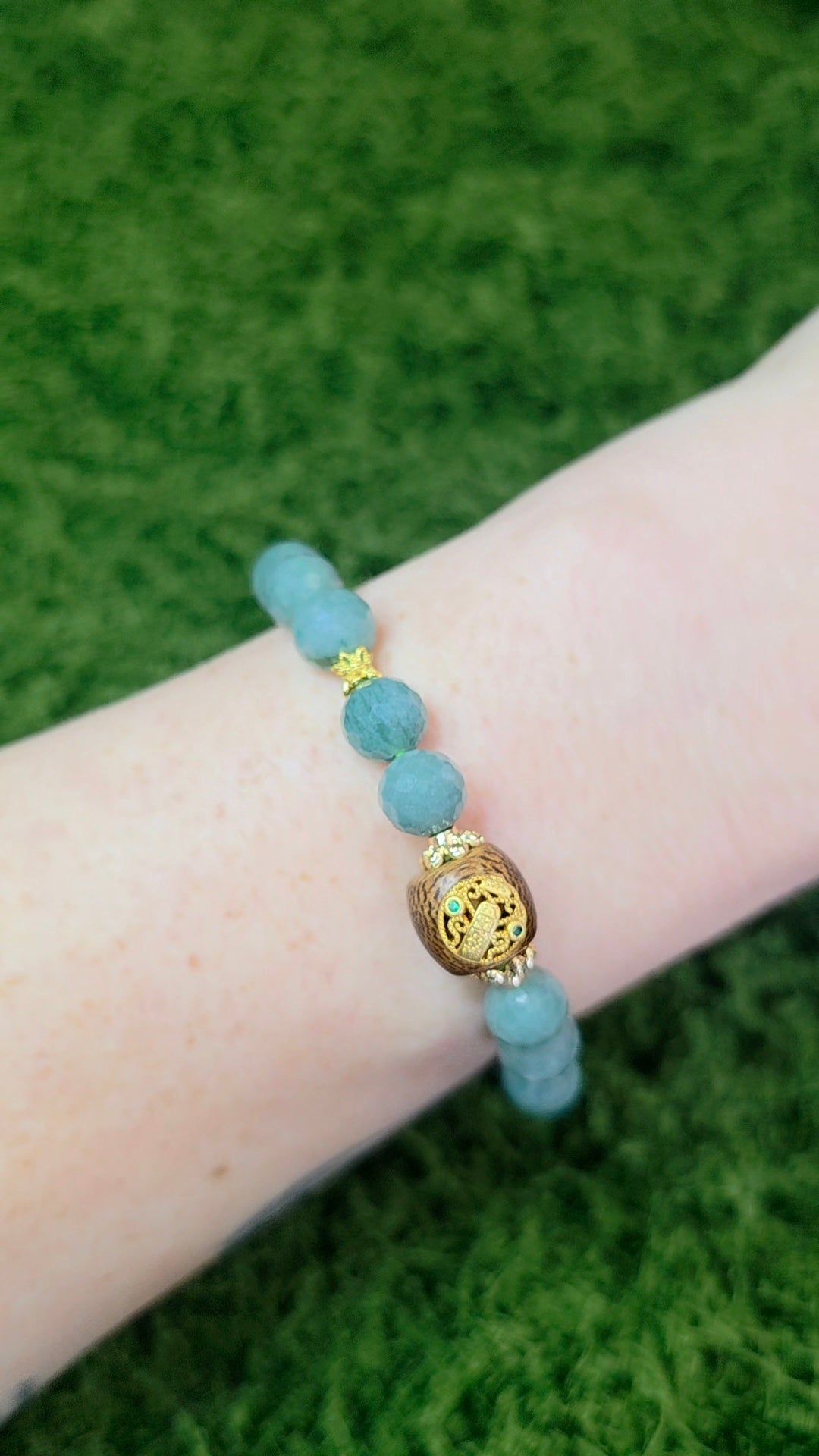 Jadeite and Wood Stretch Buddist Bracelet B