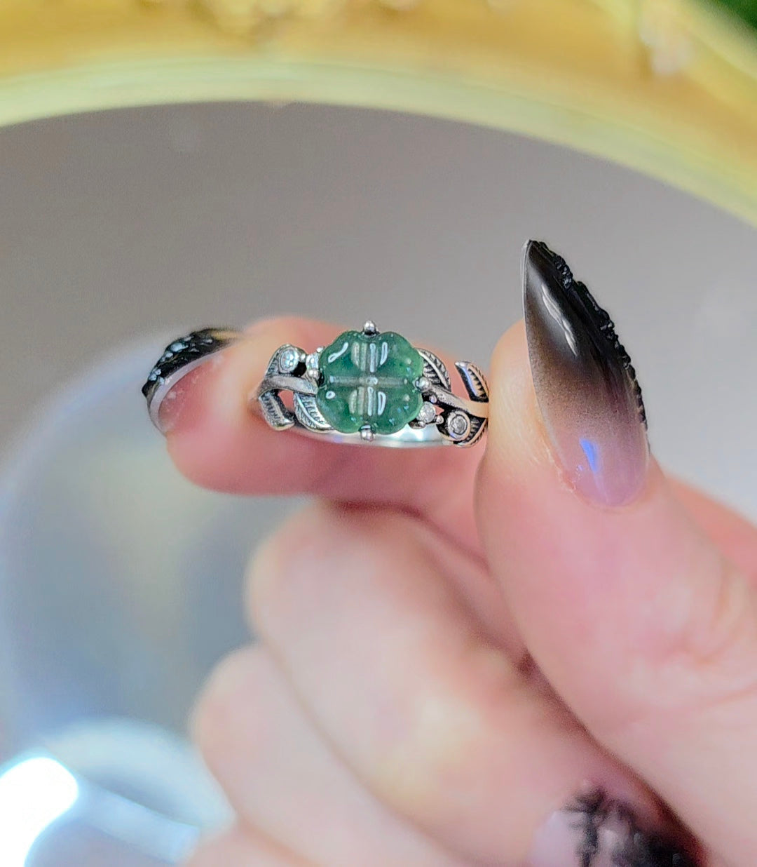 Blue Water Jadeite Clover Ring B