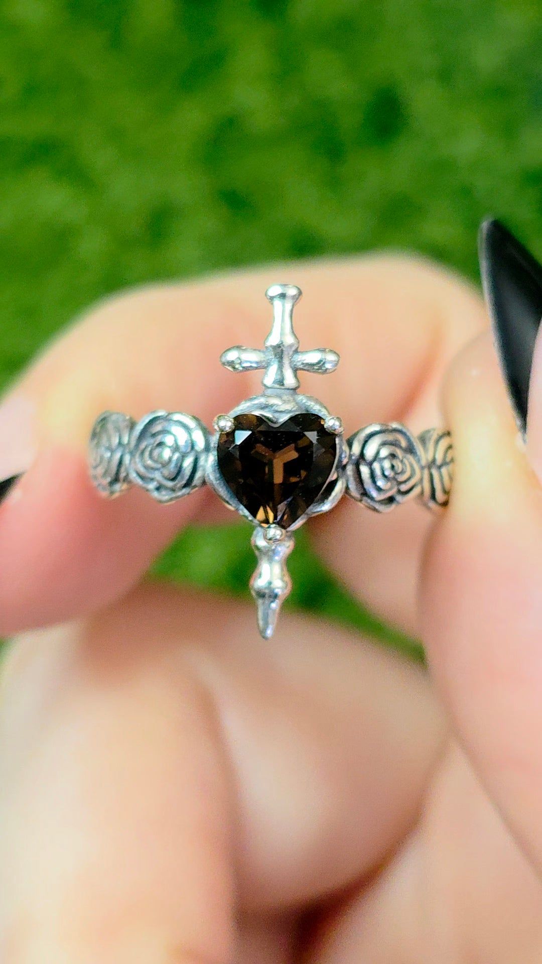 Smokey Quartz Rose and Dagger Ring