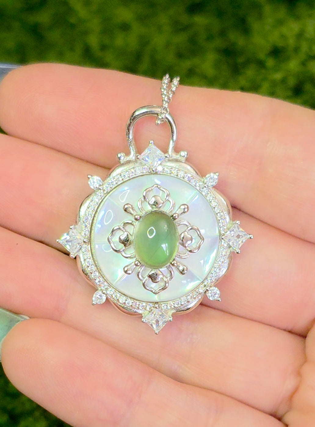 Prehnite and White Shell Pendant