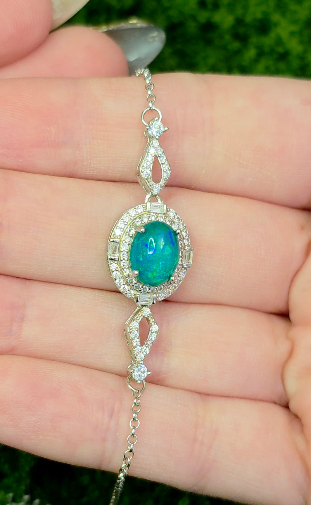 Blue Opal Halo Sterling Silver Bracelet