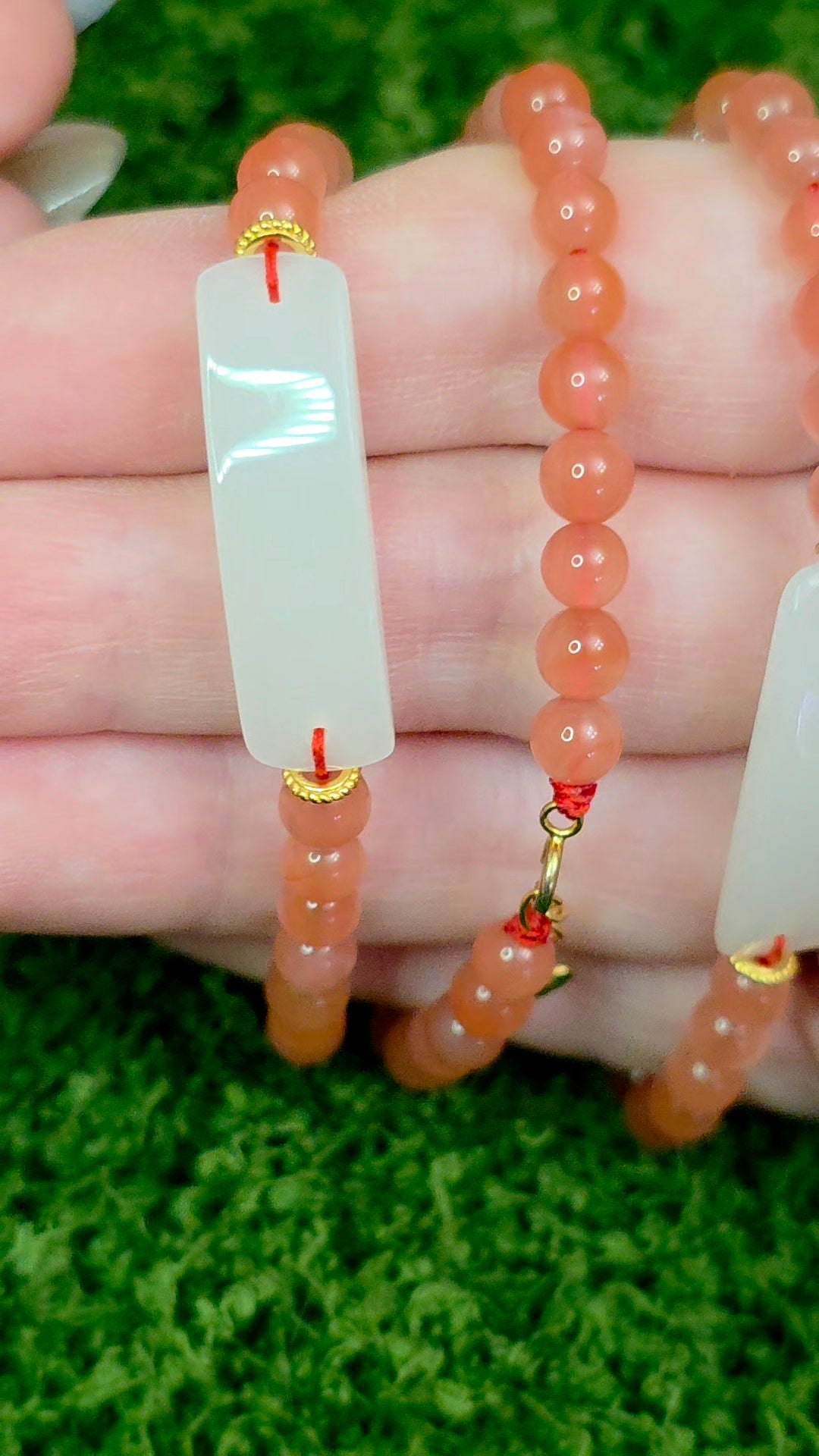 White Jadeite and Nanhong Agate Sterling Silver Bracelet