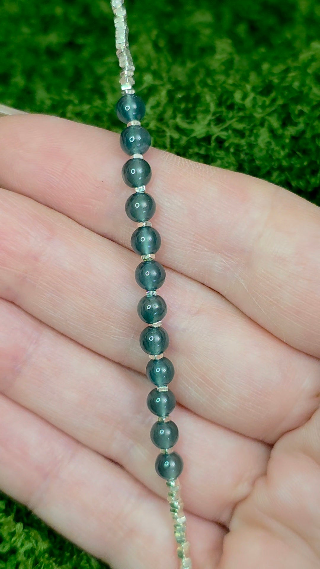 Blue Water Jadeite Beaded Sterling Silver Bracelet