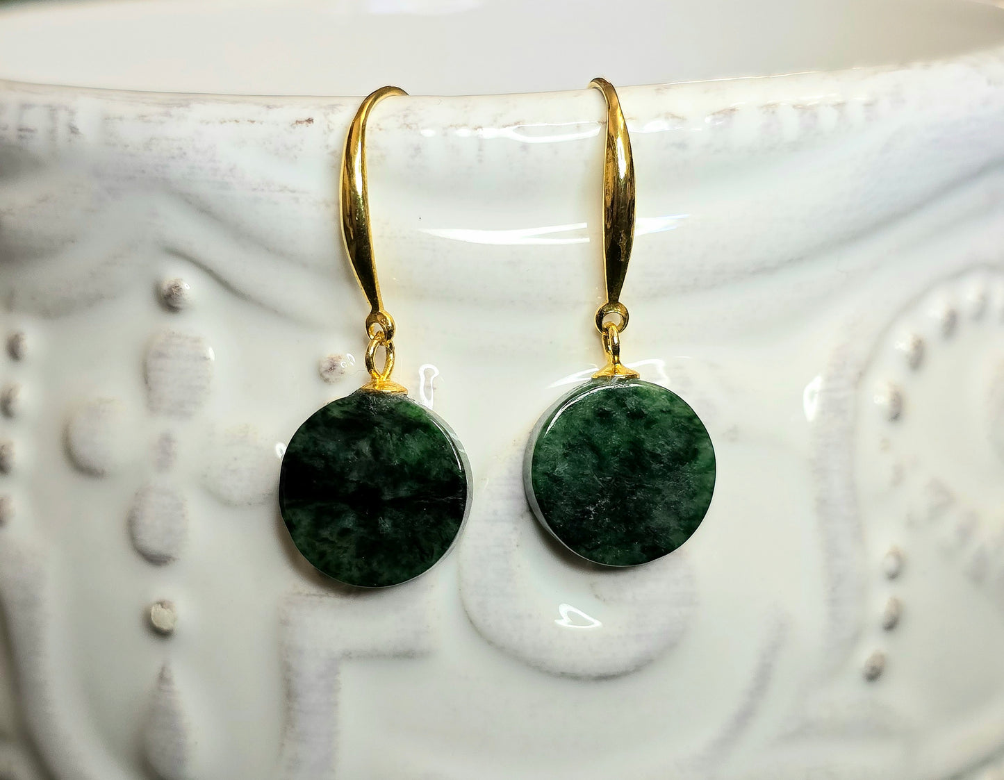 Dark Green Jadeite Disk Earrings