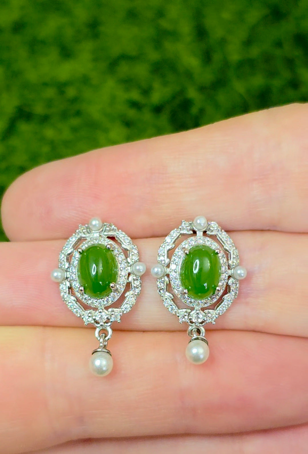 Jadeite and Faux Pearl Earrings
