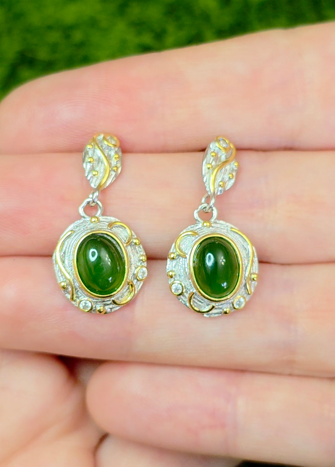 Green Jadeite Gold Tone Earrings