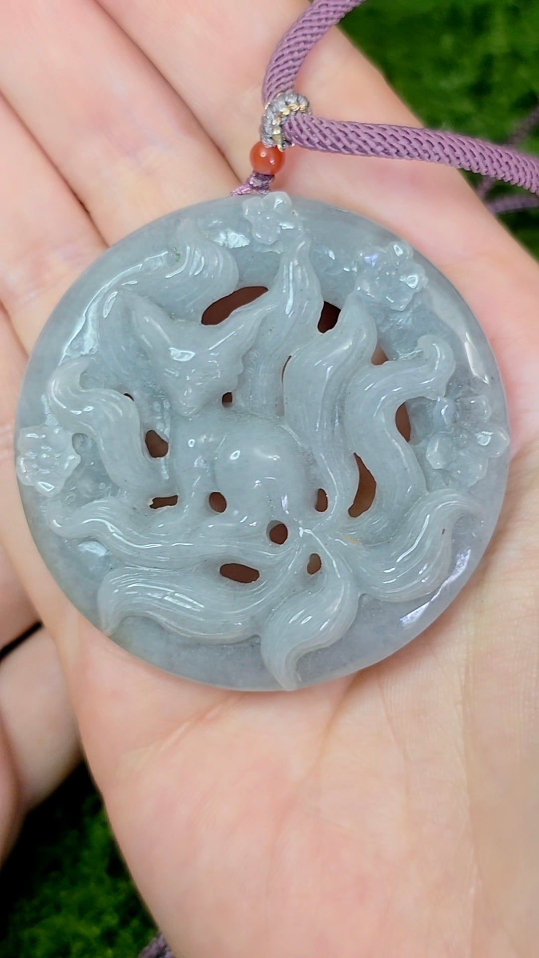 Lavender Jadeite Nine Tail Fox Pendant Necklace
