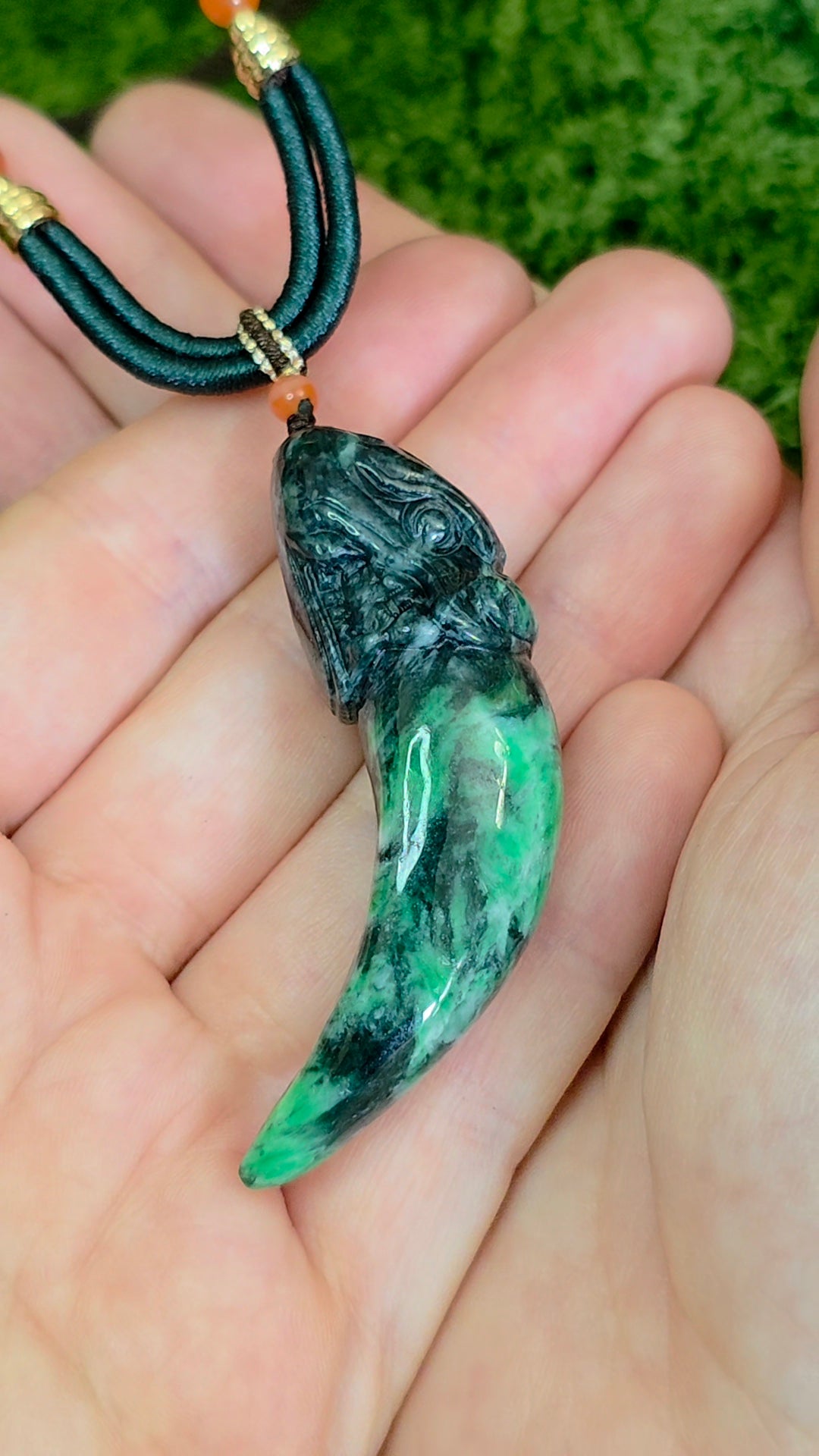 Green Jadeite Dragon Tooth Pendant Necklace