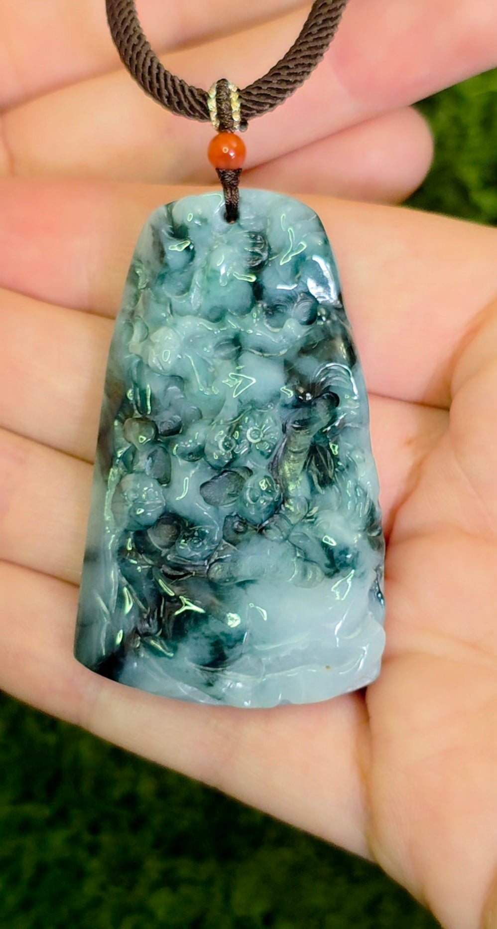 Green and White Jadeite Nature Motif Pendant Necklace
