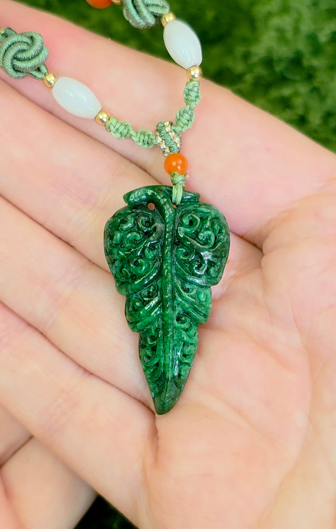 Green Jadeite Leaf Pendant Necklace