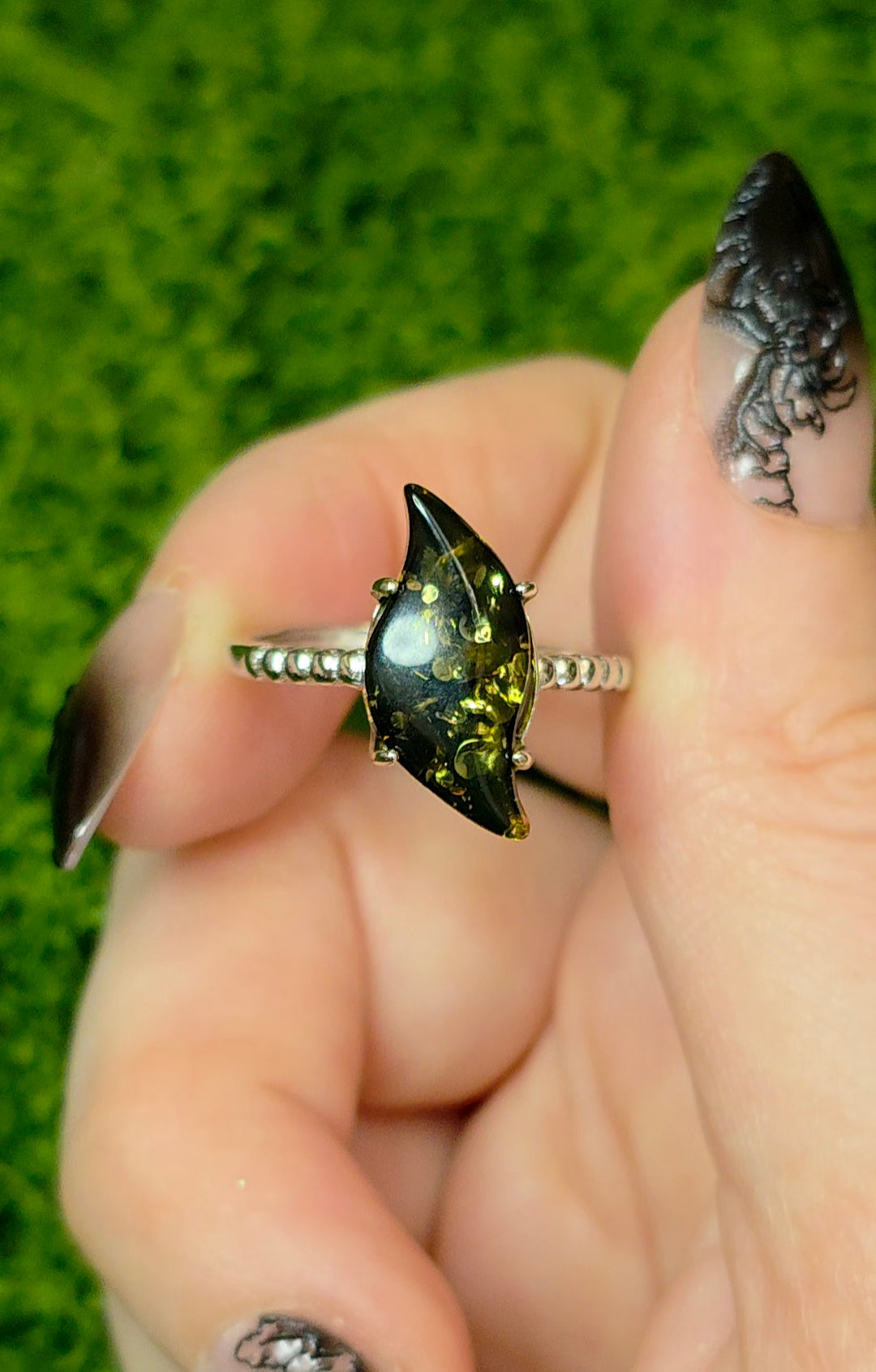 Assymetrical Green Baltic Amber Ring
