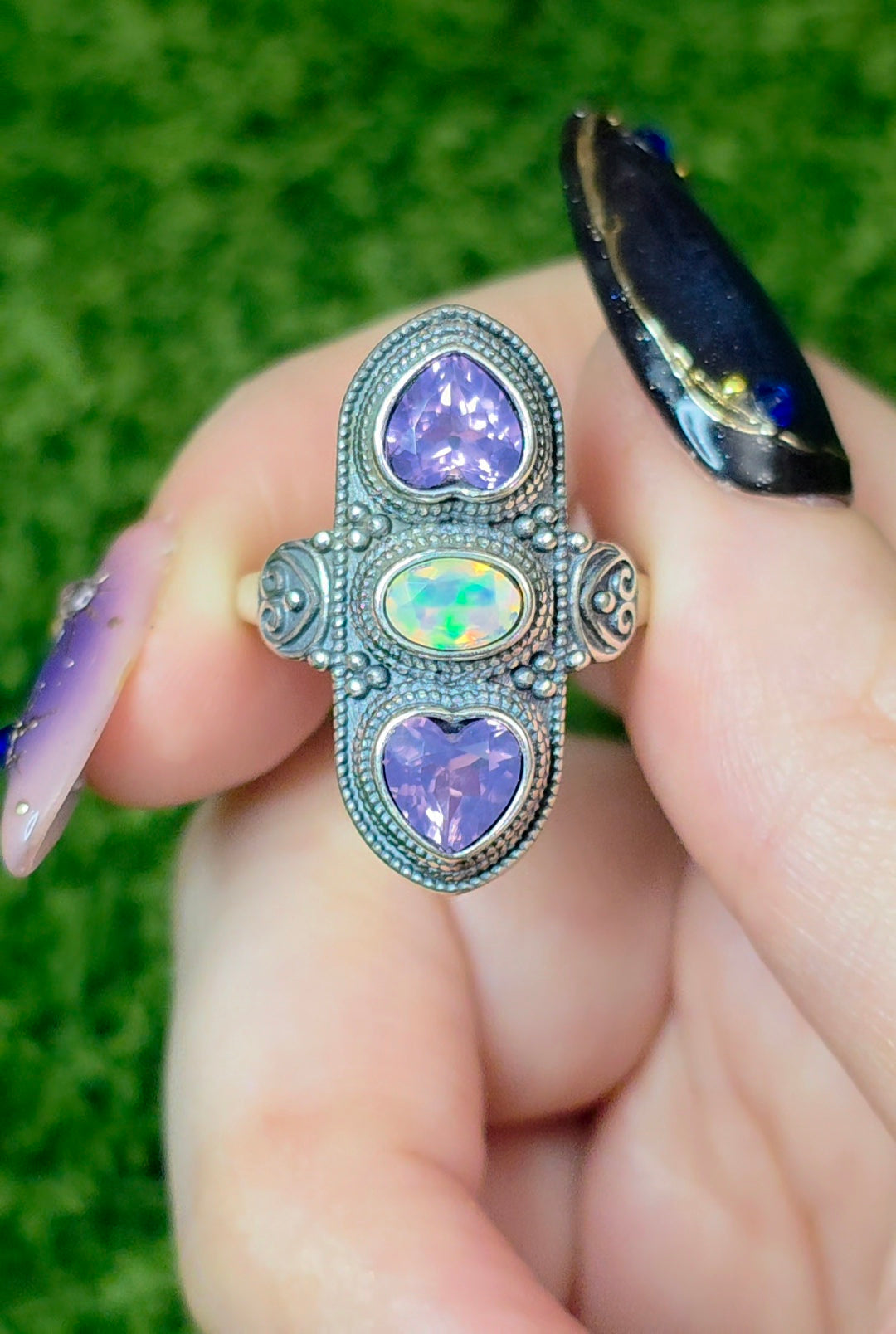 Lavender Moon Quartz Hearts and White Opal Ring