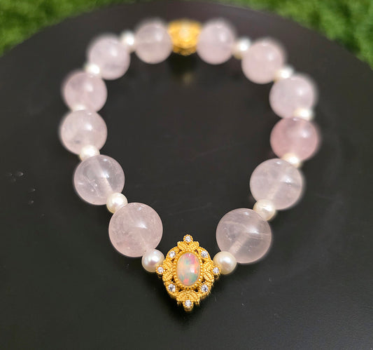 Rose Quartz, Pearl, and Opal Stretch Bracelet