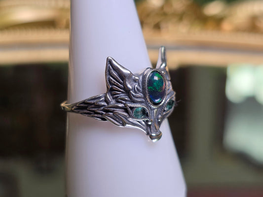 Black Opal and Emerald Fox Ring