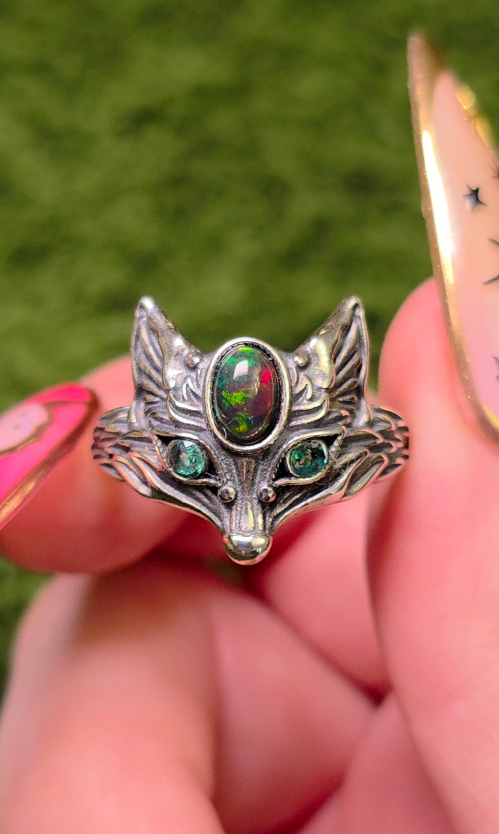 Black Opal and Emerald Fox Ring