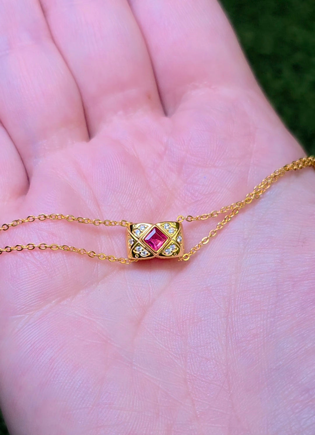 Golden Ruby and Zircon Pillow Necklace