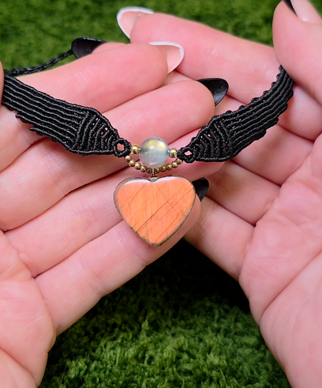 Blue and Orange Flash Labradorite Heart Macrame Necklace