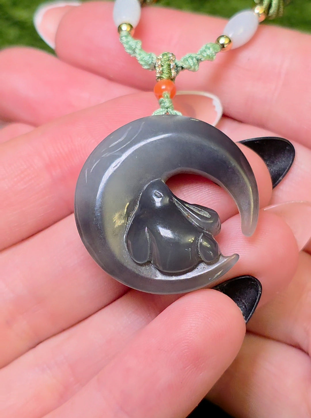 Gray Jadeite Bunny and Moon Necklace
