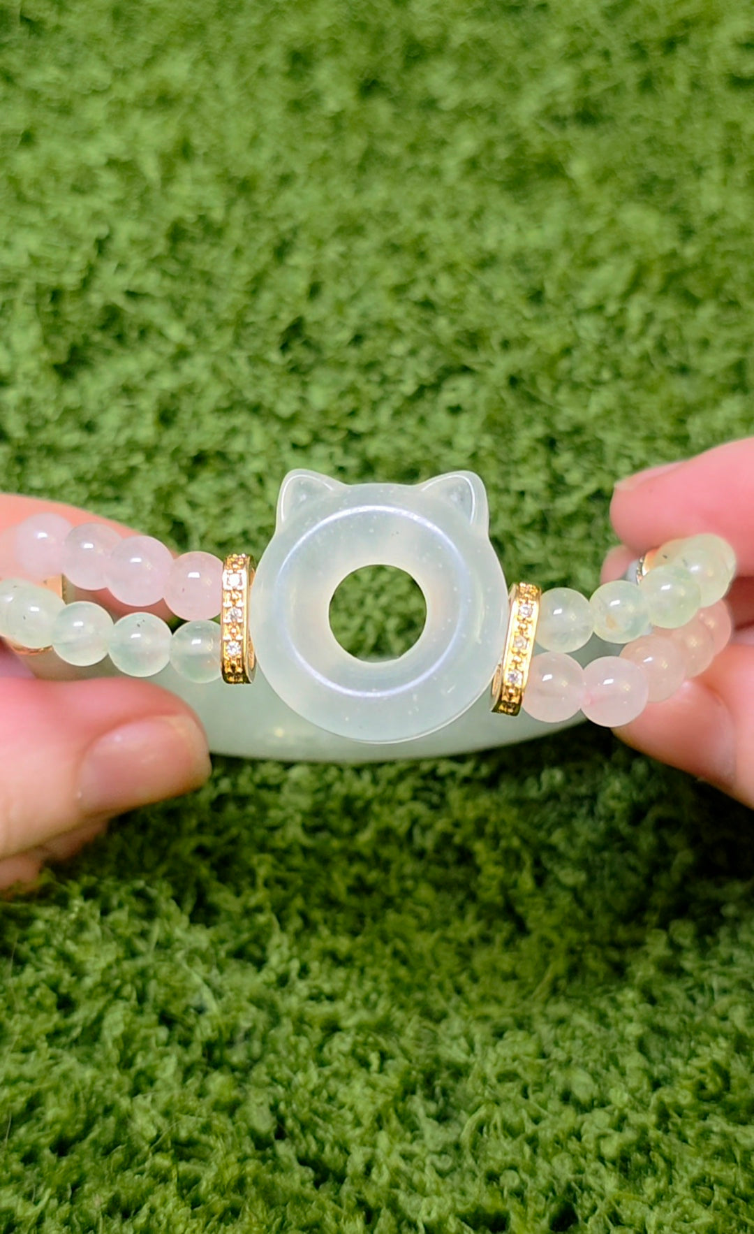Jade, Prehnite, and Rose Quartz Cat Bangle Stretch Bracelet