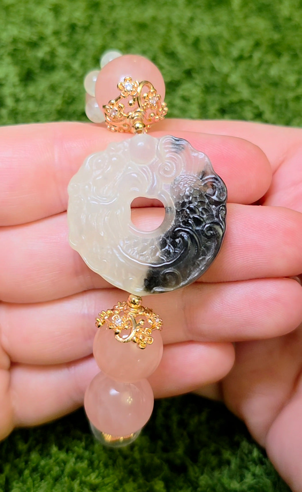 Jade, Prehnite, and Rose Quartz Dragon Bangle Stretch Bracelet A