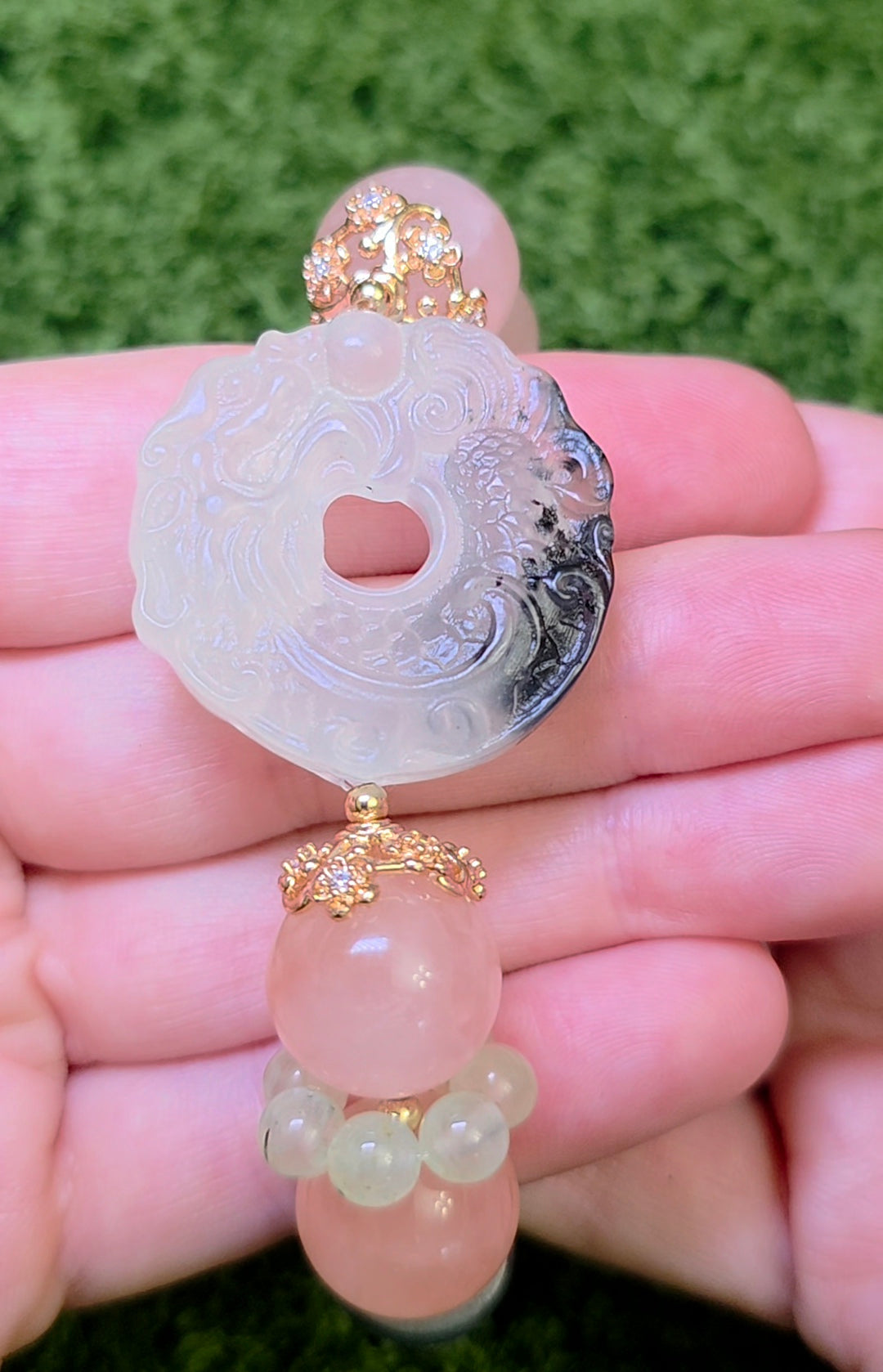 Jade, Prehnite, and Rose Quartz Dragon Bangle Stretch Bracelet B