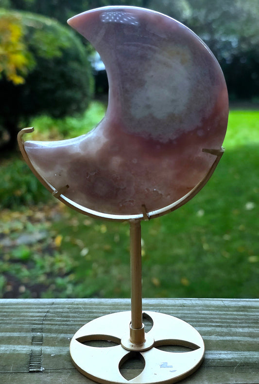 Pink Quartz (Pink Amethyst) Moon on Stand