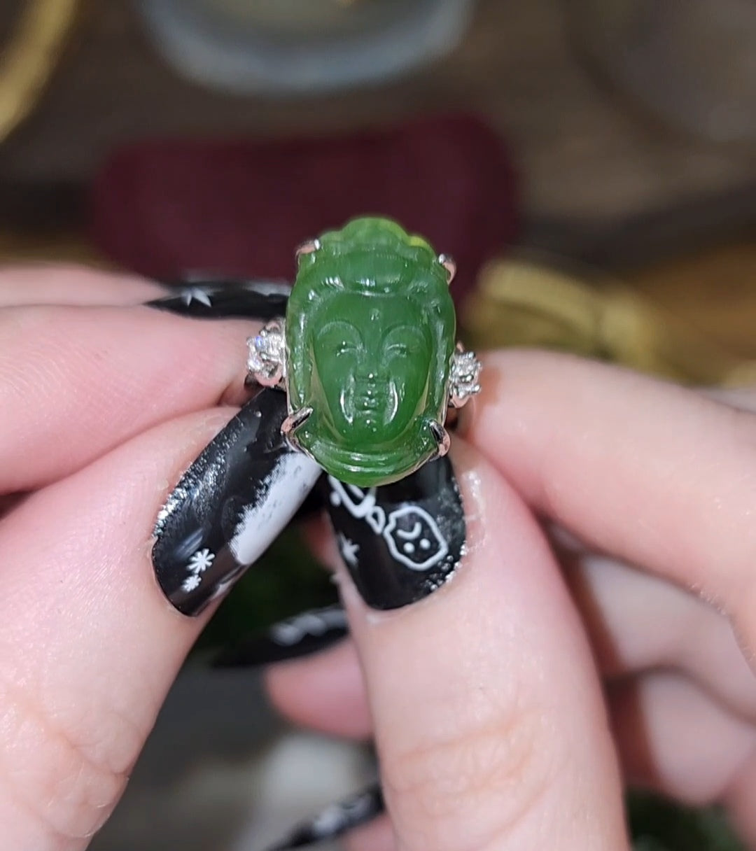 Green Jadeite Guanyin Ring
