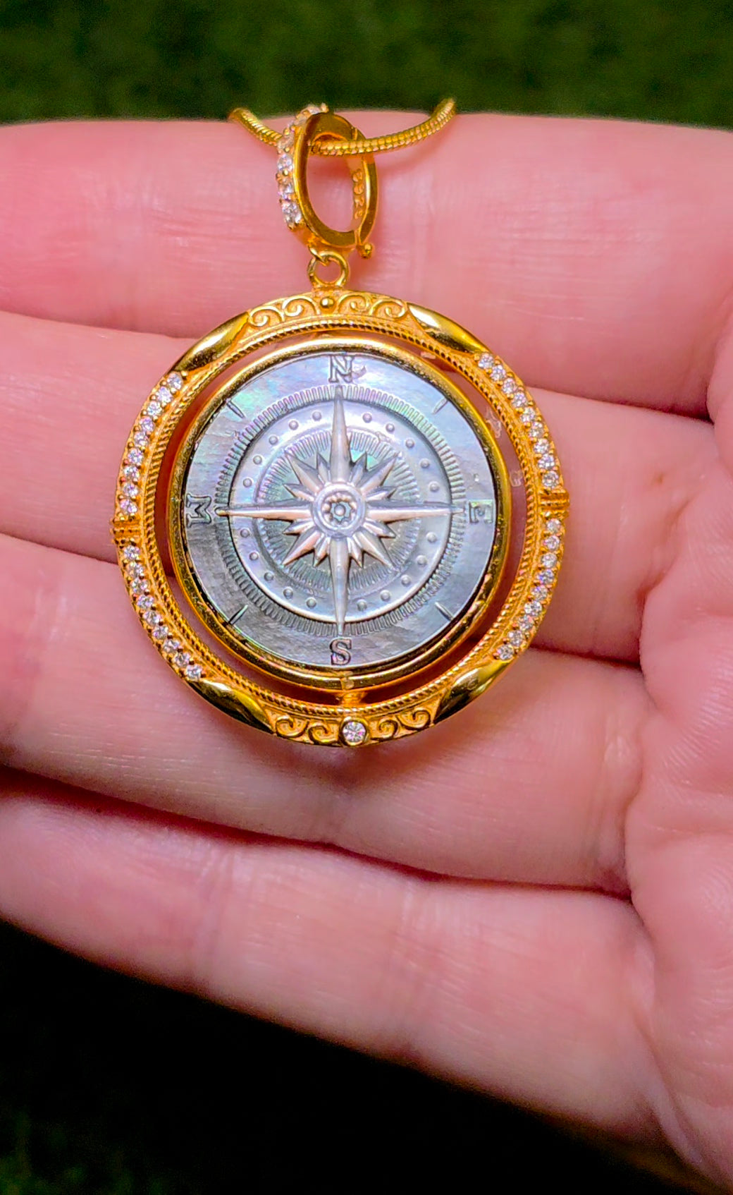 Rotating Black Shell Ship and Compass Pendant