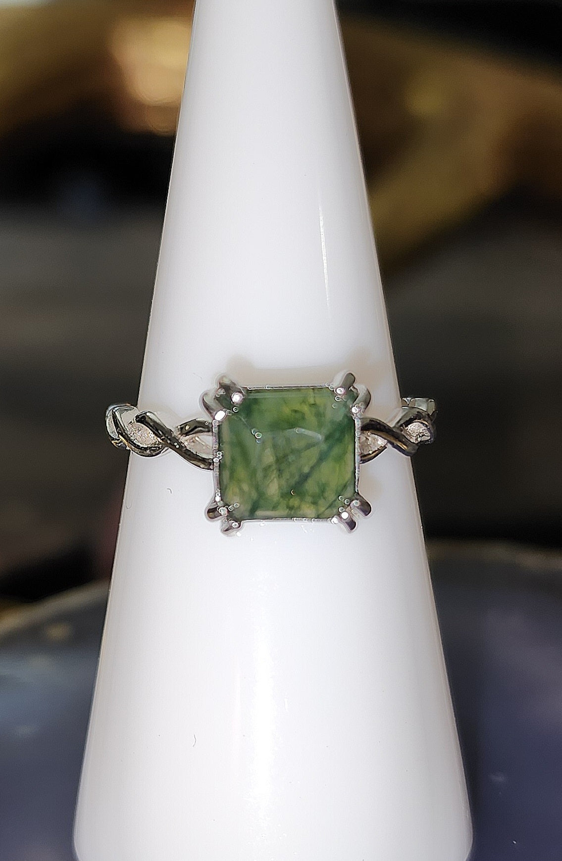 Square Faceted Moss Agate Ring