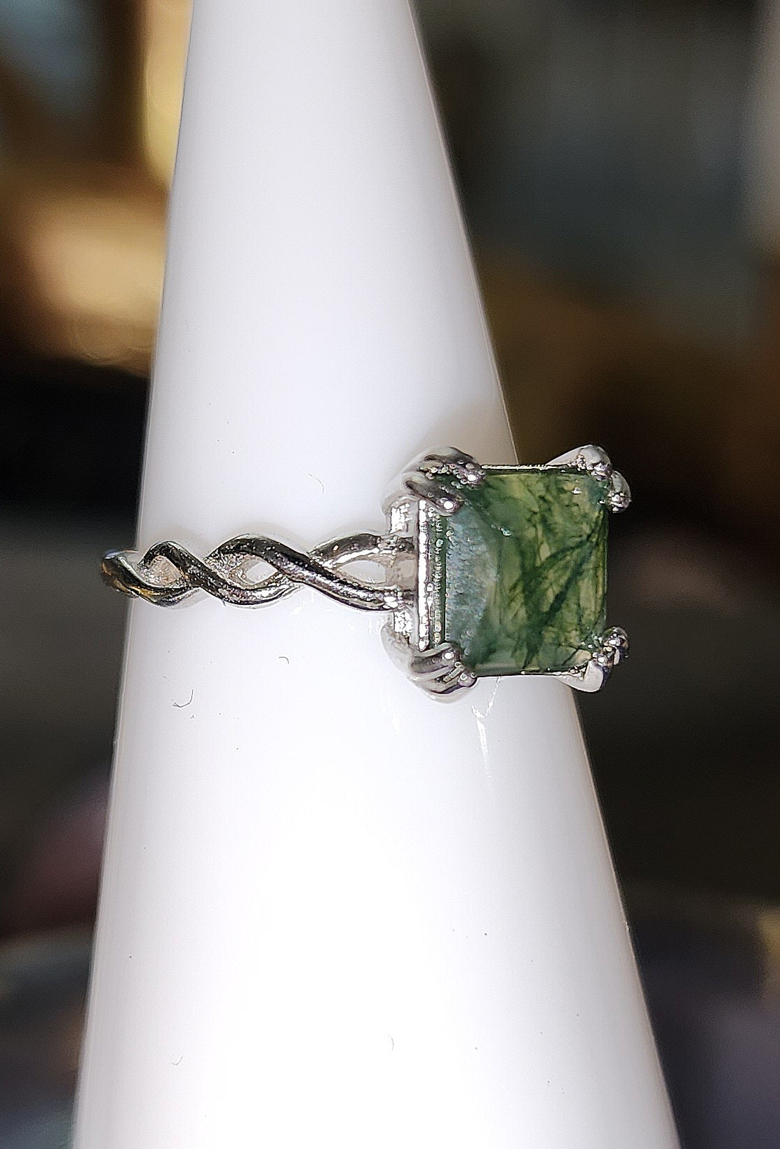 Square Faceted Moss Agate Ring