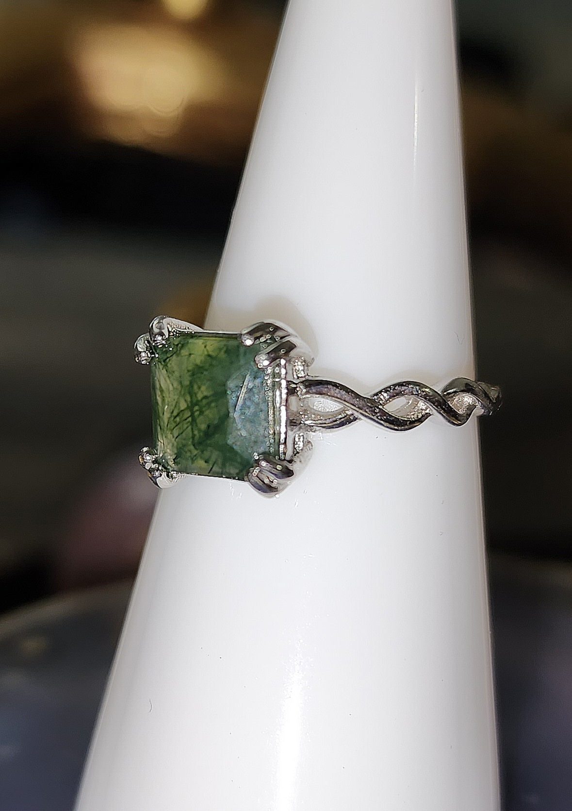 Square Faceted Moss Agate Ring