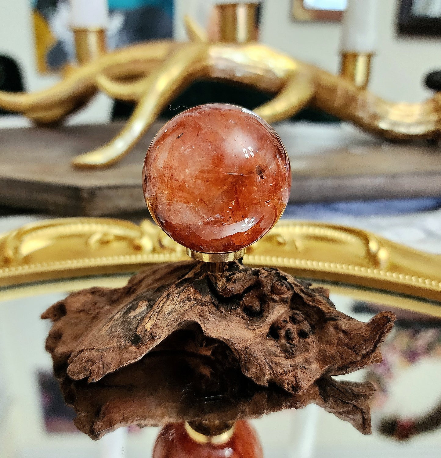 Fire Quartz Sphere on driftwood stand A