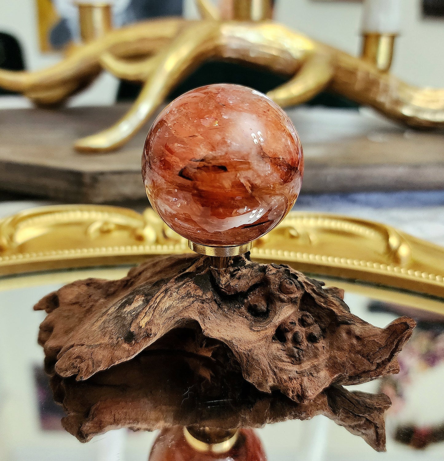 Fire Quartz Sphere on driftwood stand A