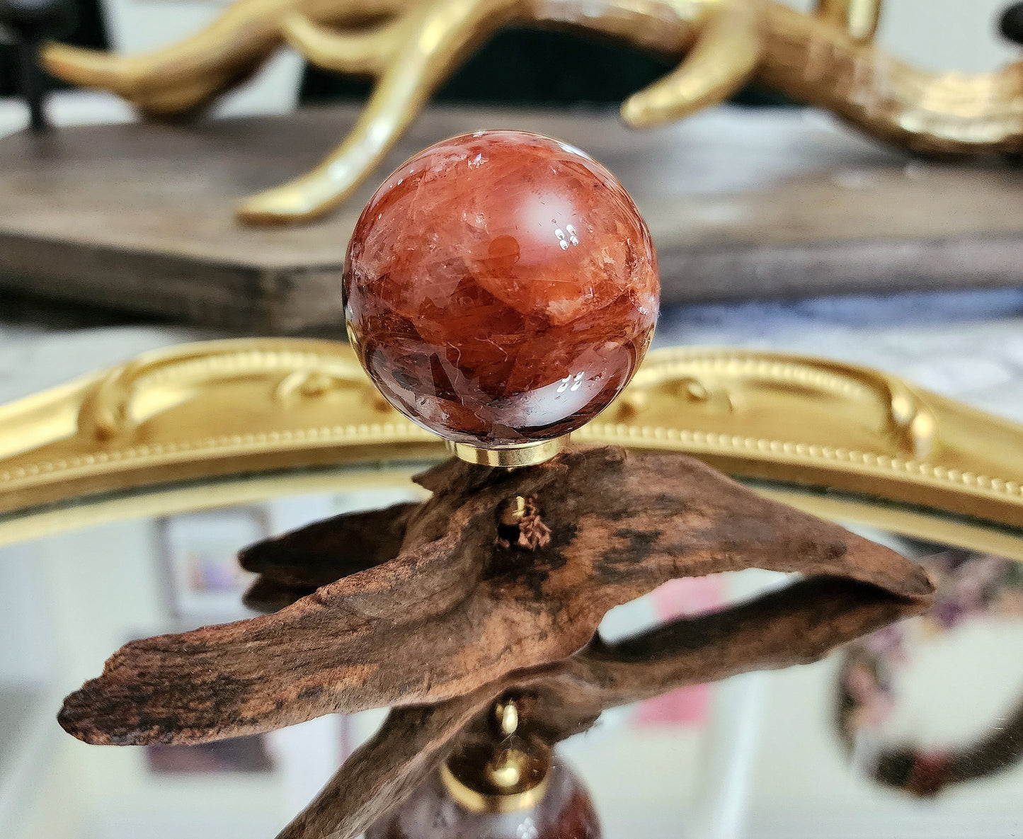 Fire Quartz Sphere on driftwood stand B