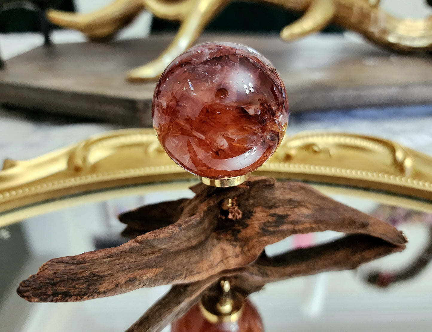 Fire Quartz Sphere on driftwood stand B