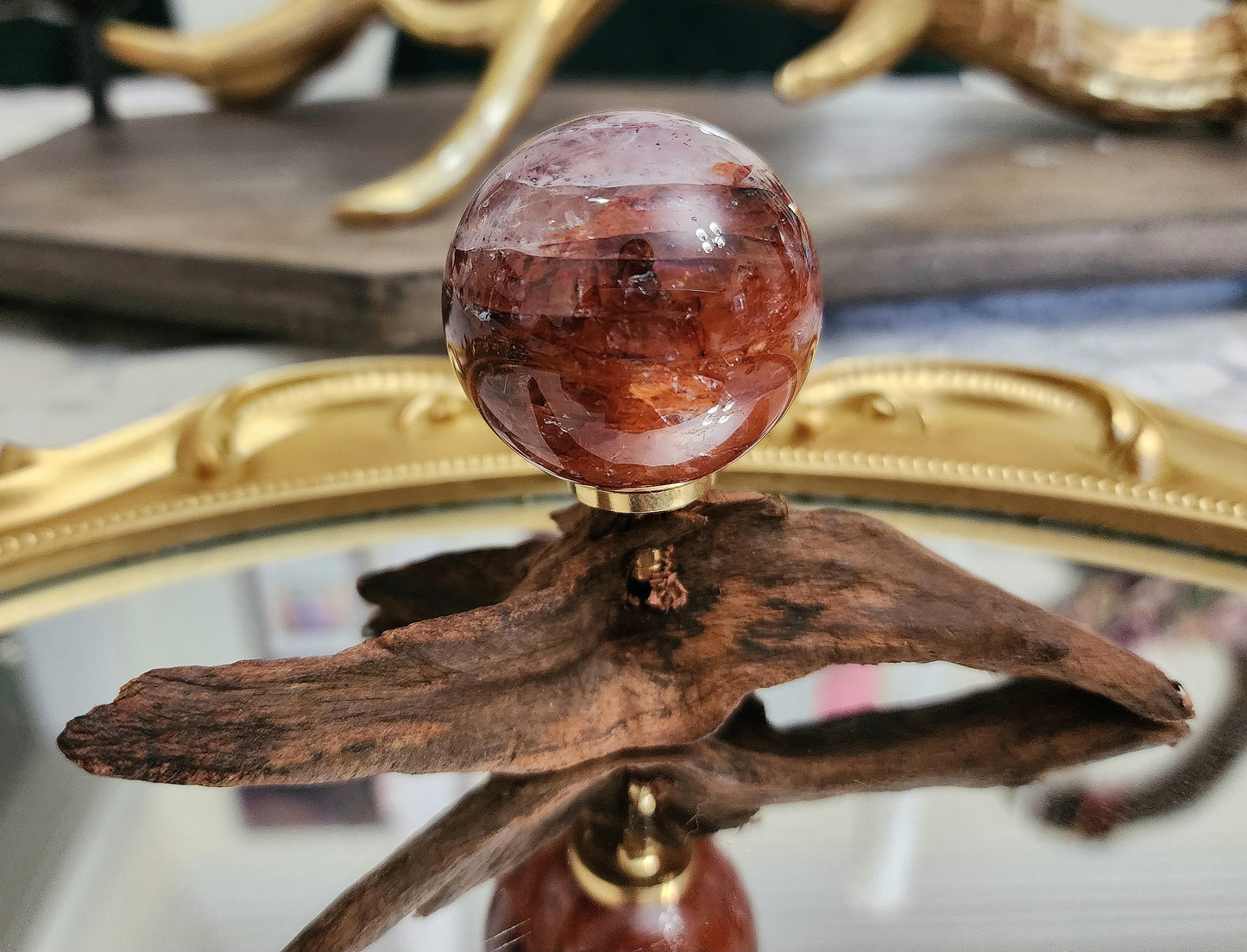 Fire Quartz Sphere on driftwood stand B