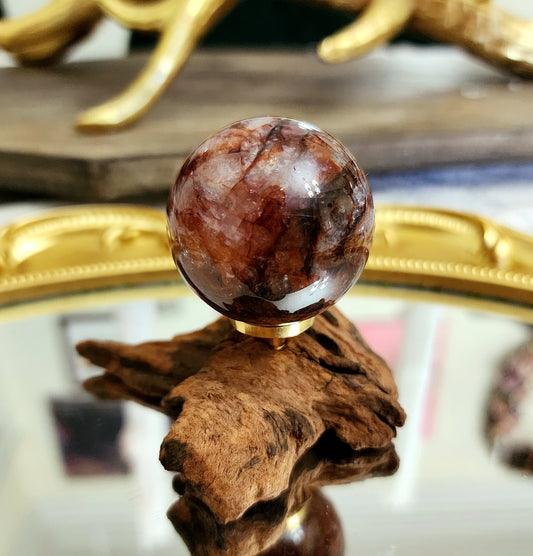 Fire Quartz Sphere on driftwood stand D