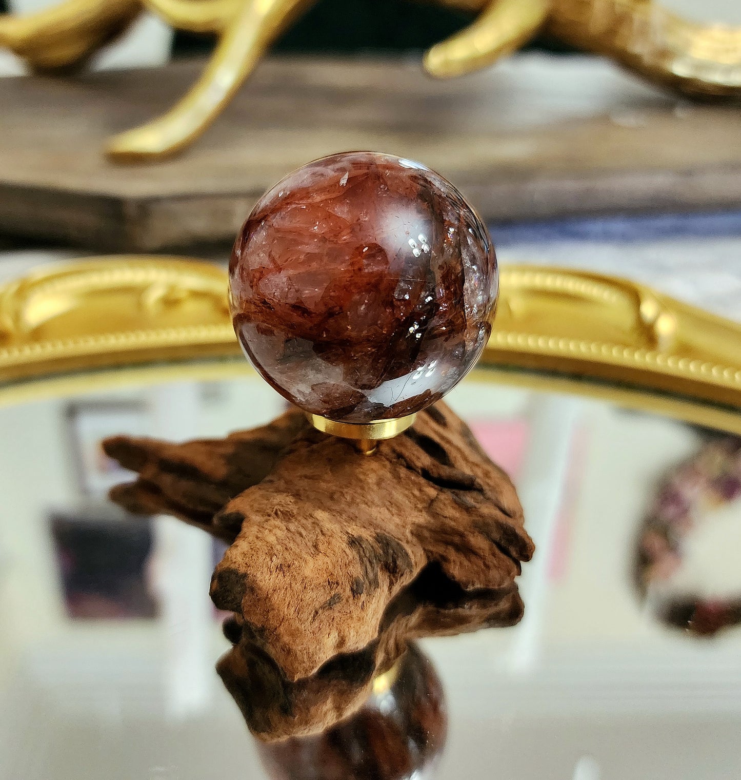 Fire Quartz Sphere on driftwood stand D