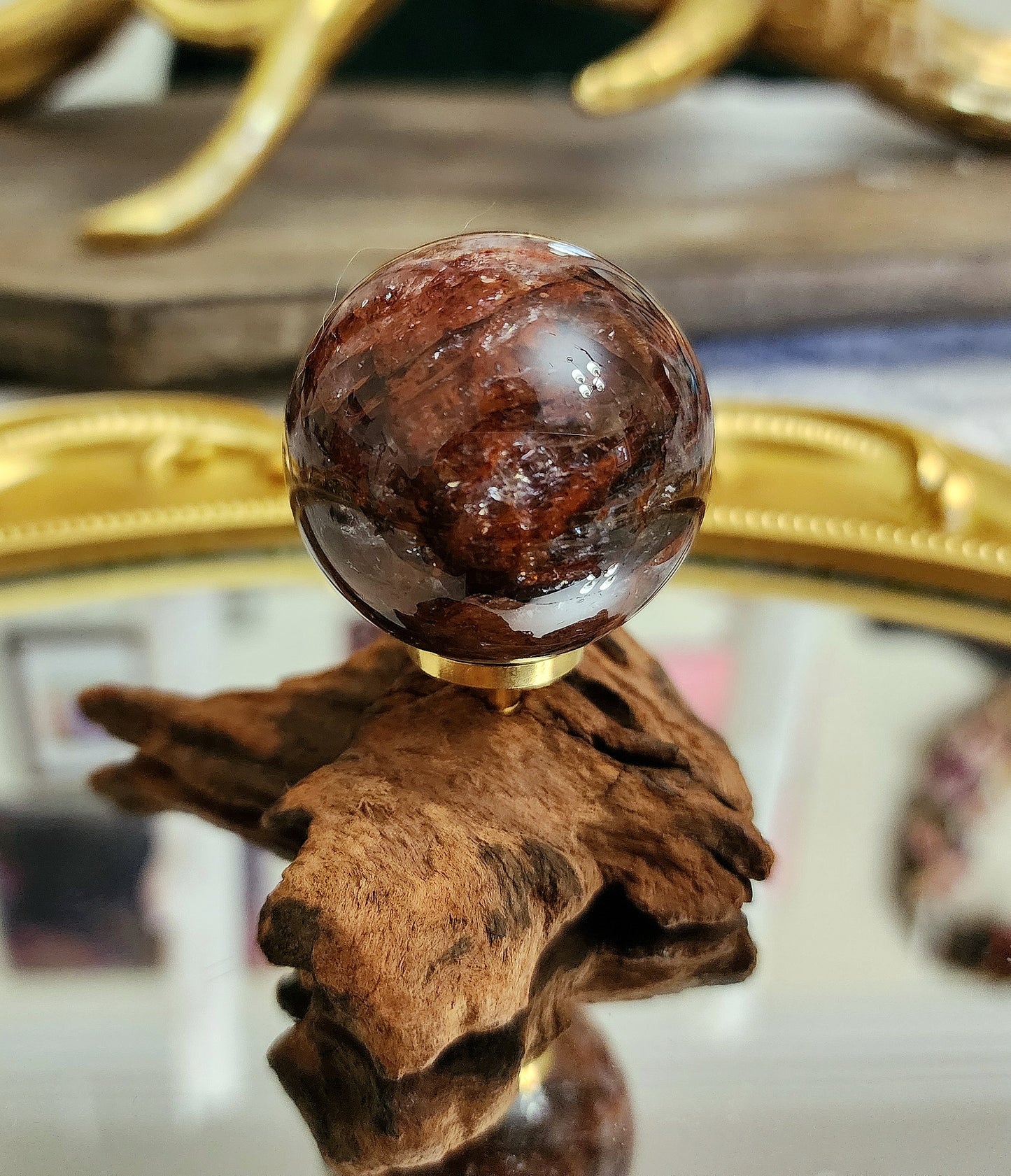 Fire Quartz Sphere on driftwood stand D