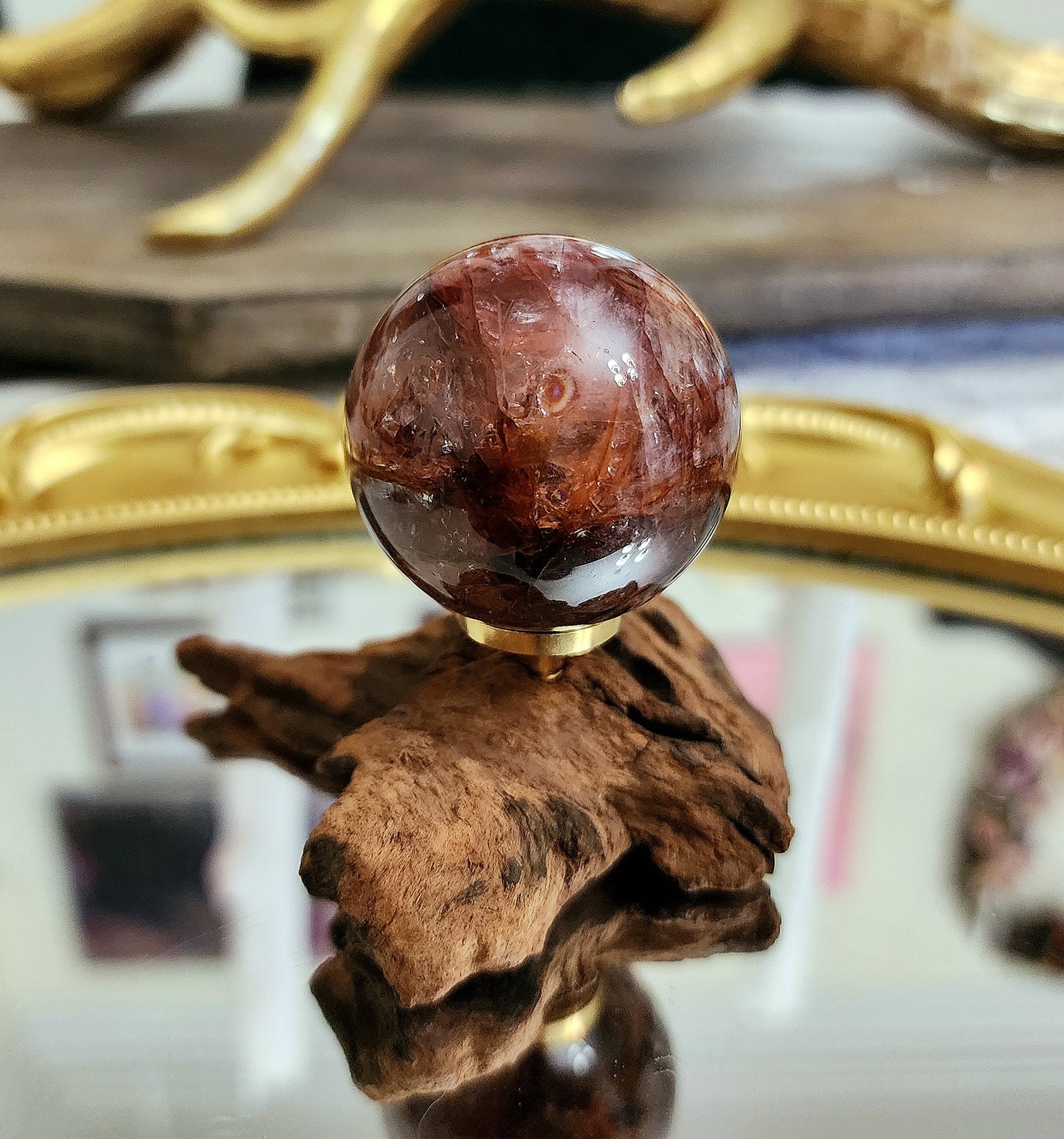 Fire Quartz Sphere on driftwood stand D