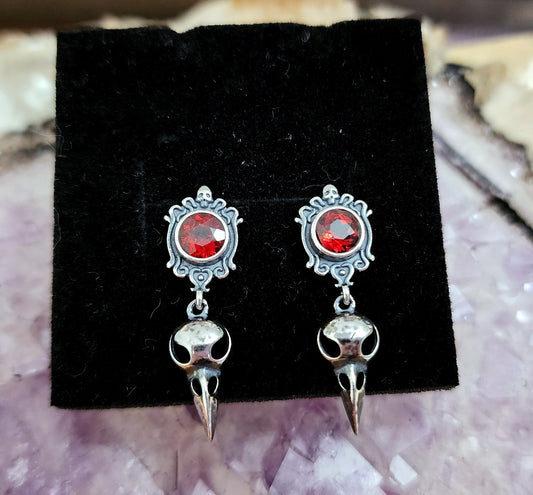 Garnet Raven Skull Earrings