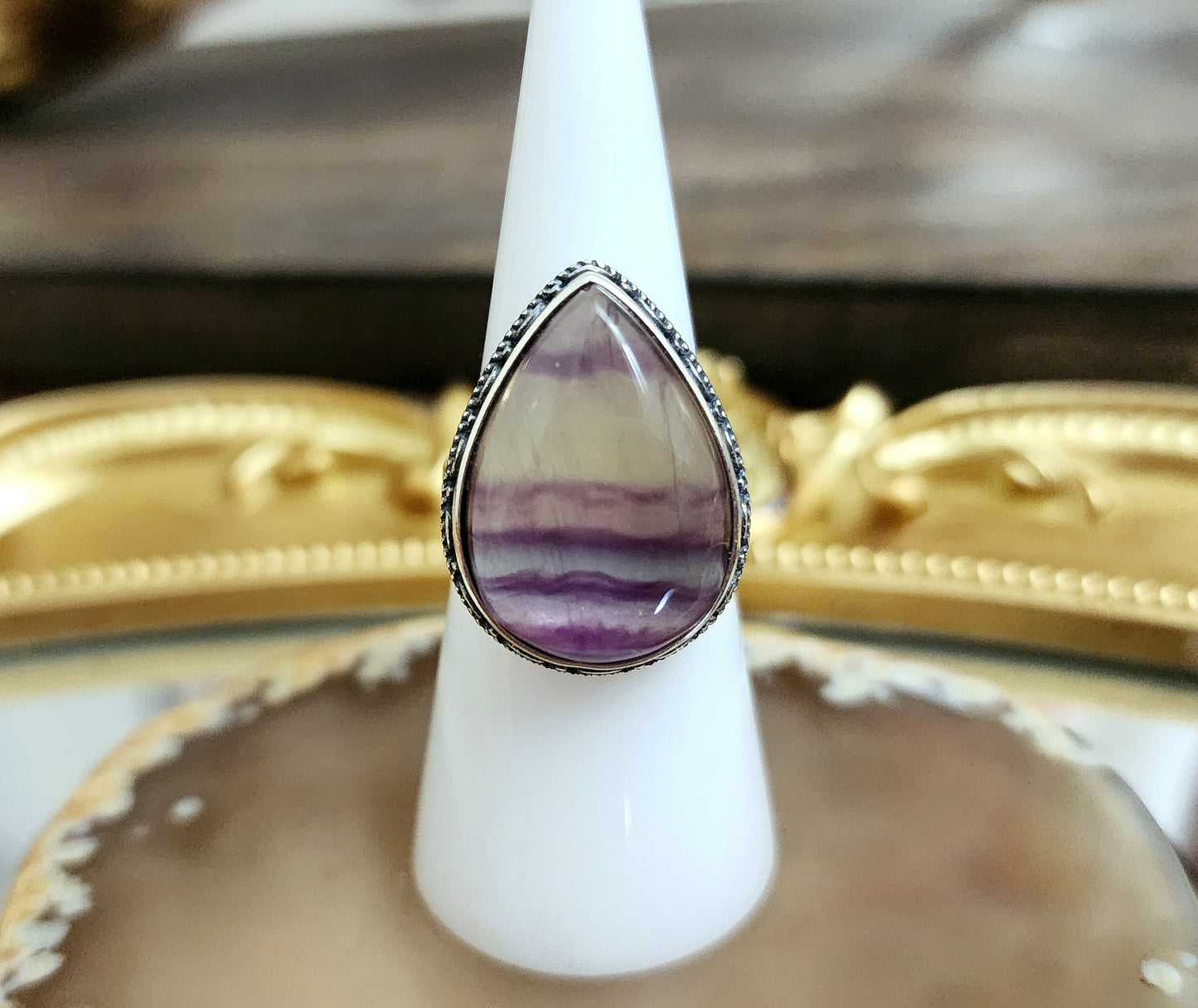 Banded Fluorite Teardrop Ring A