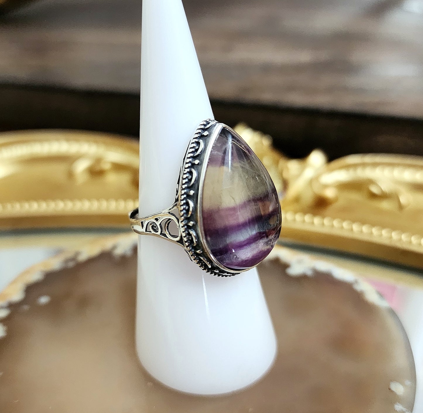 Banded Fluorite Teardrop Ring A