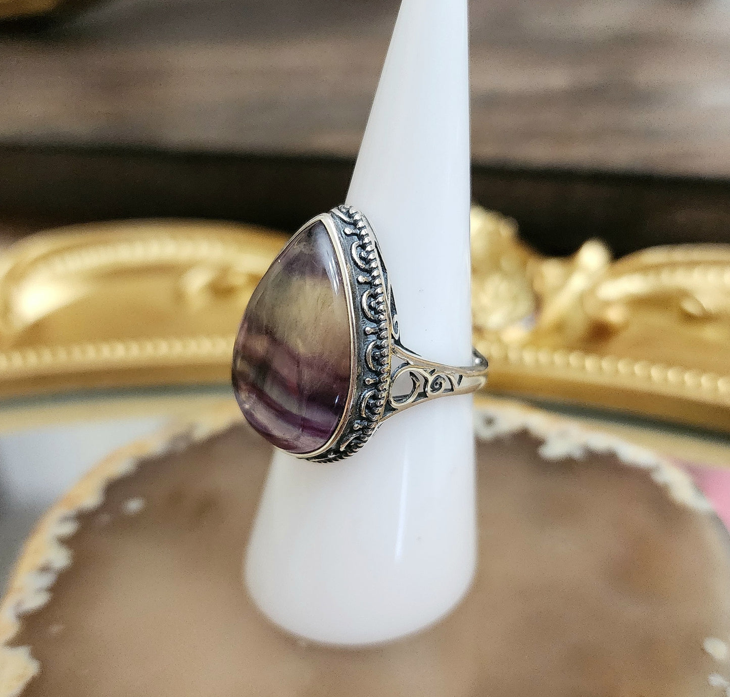 Banded Fluorite Teardrop Ring A